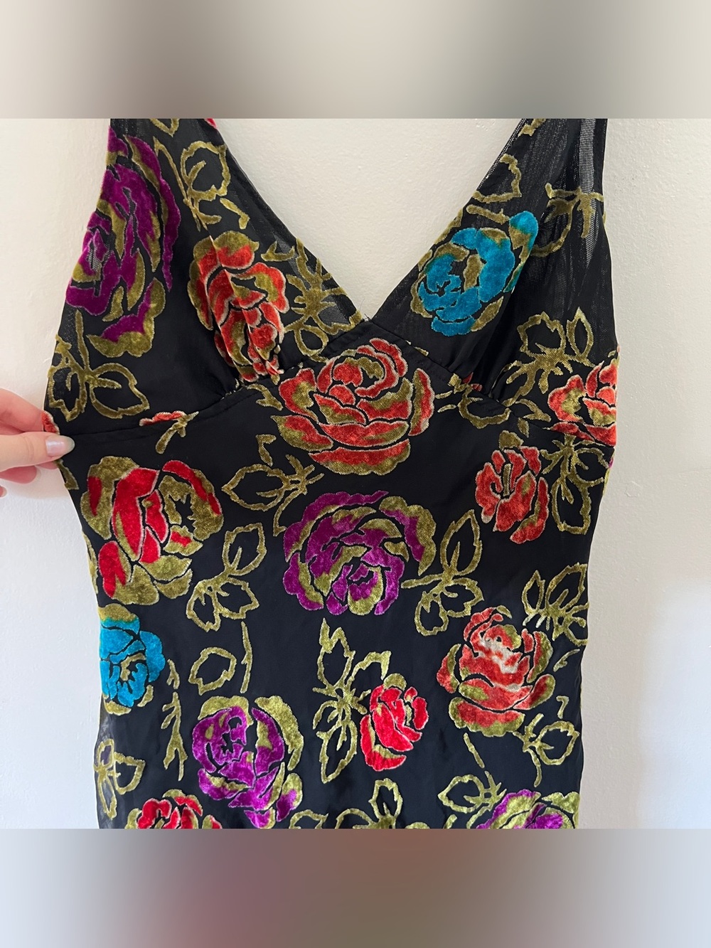 Beautiful Vintage Floral Slip Dress in Black with Multicolor Roses
